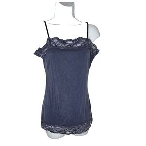 Hang Ten Women's Lace Trim Camisole Tank Top Navy‎ Blue Medium Cotton
